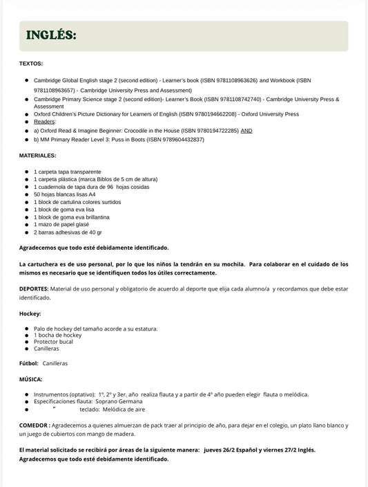 Lista de Materiales Completa para el Colegio St. Joseph Mary Form 2 año 2026