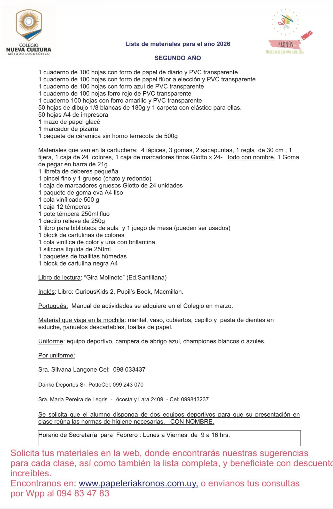 Lista Completa Nueva Cultura 2º Año 2026