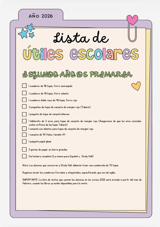 Lista de Materiales Completa para el Colegio Richard Anderson, 2º Año Inglés