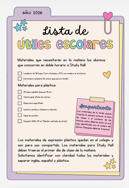 Lista de Materiales Completa para el Colegio Richard Anderson, 2º Año Español, plàstica y Study Hall