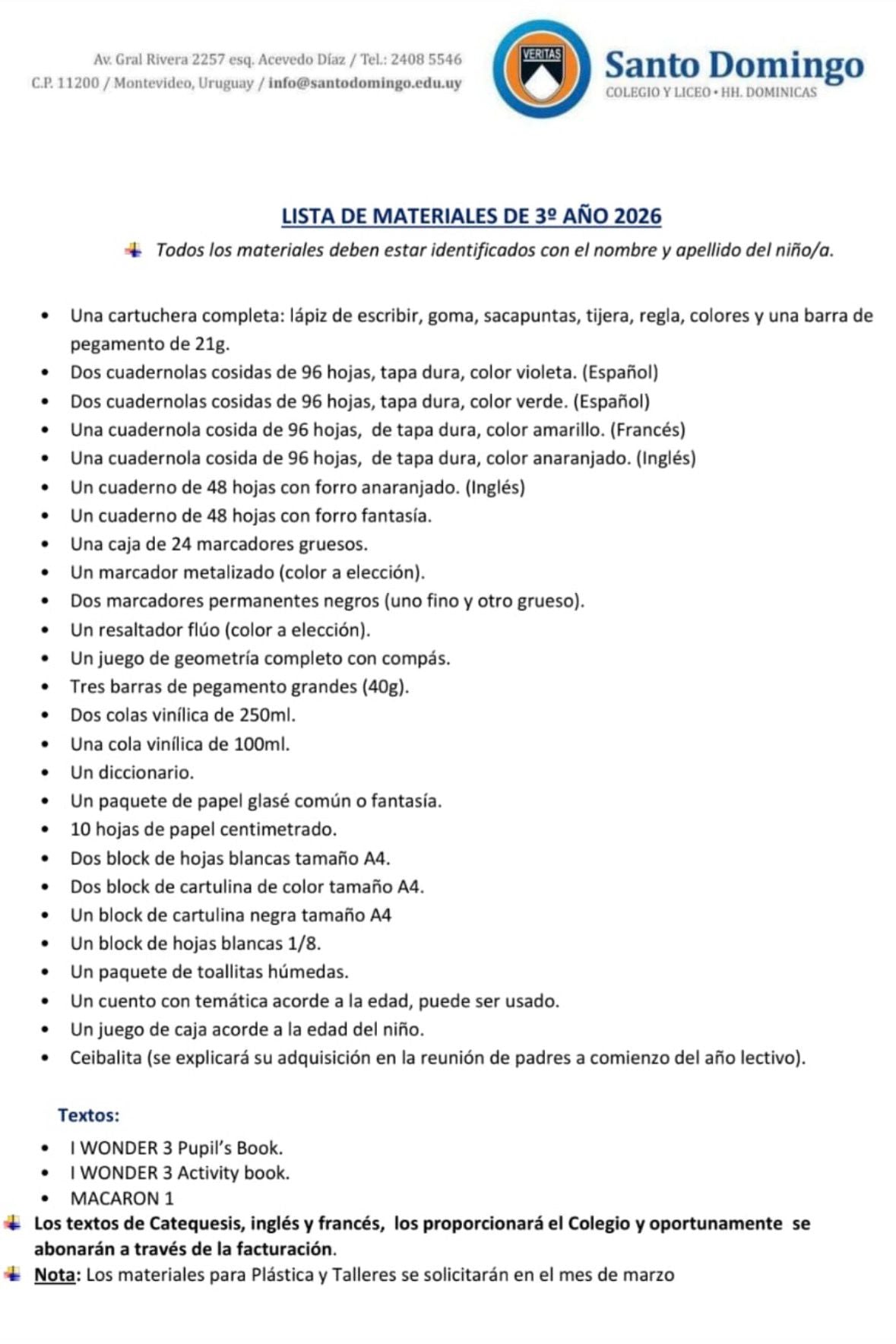 Lista de Materiales Completa para el Colegio Santo Domingo 3º año 2026