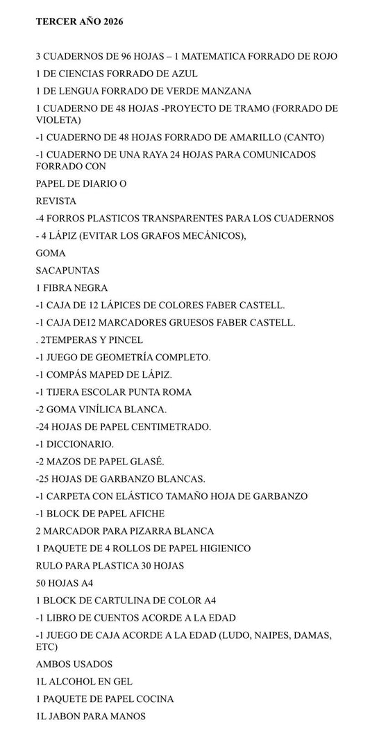 Lista Completa Colegio Tacconi 3º año 2026
