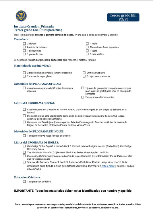 Lista Completa Colegio Crandon 3º año 2026