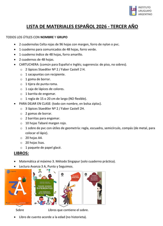Lista Completa Colegio IUA 3º Español e Inglés 2026