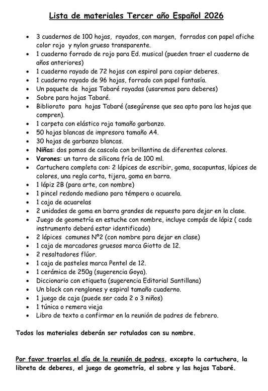 Lista Completa Colegio Lagomar 3º año Español 2026