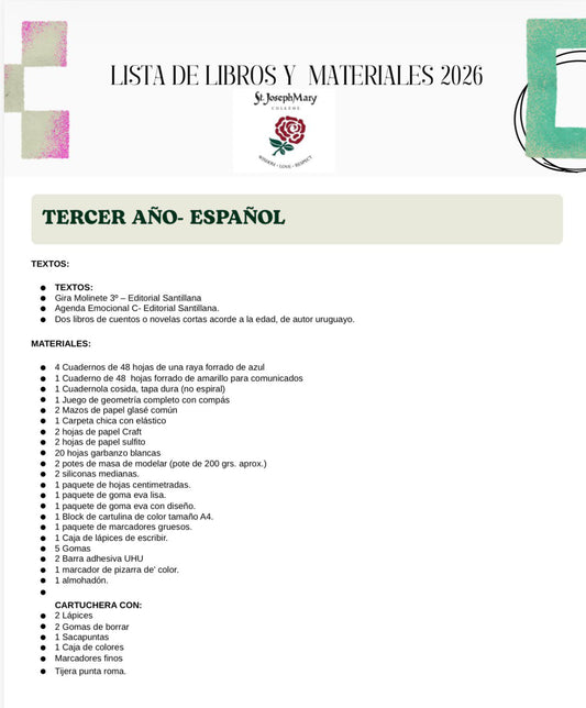 Lista de Materiales Completa para el Colegio St. Joseph Mary 3º año 2026