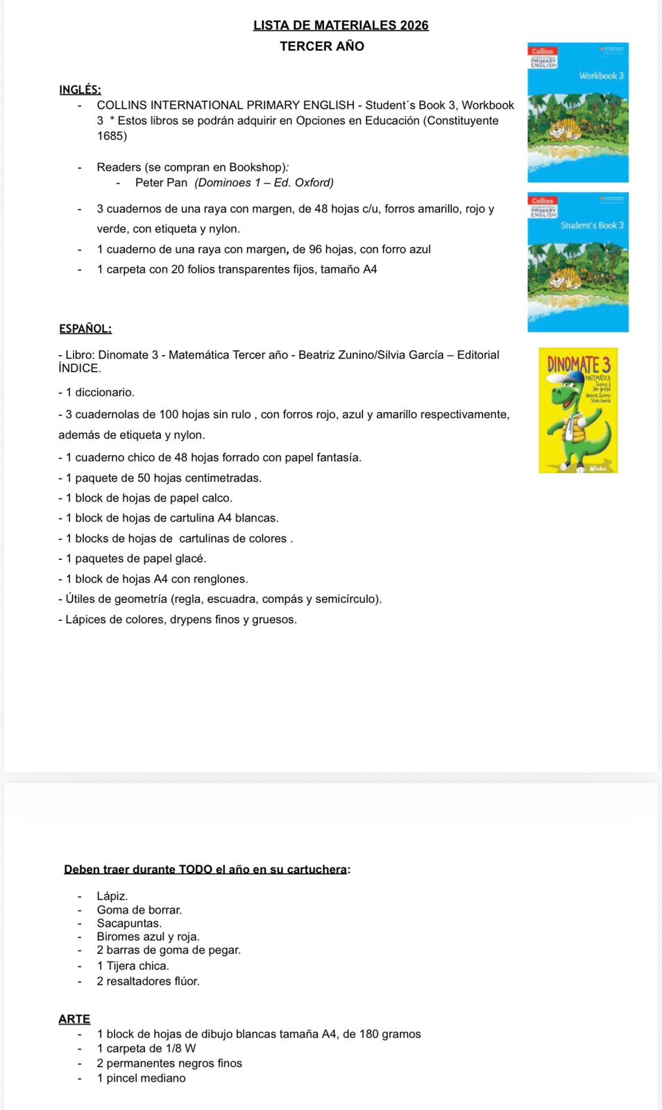 Lista Completa Colegio Ivy Thomas Horneros 3º año 2026