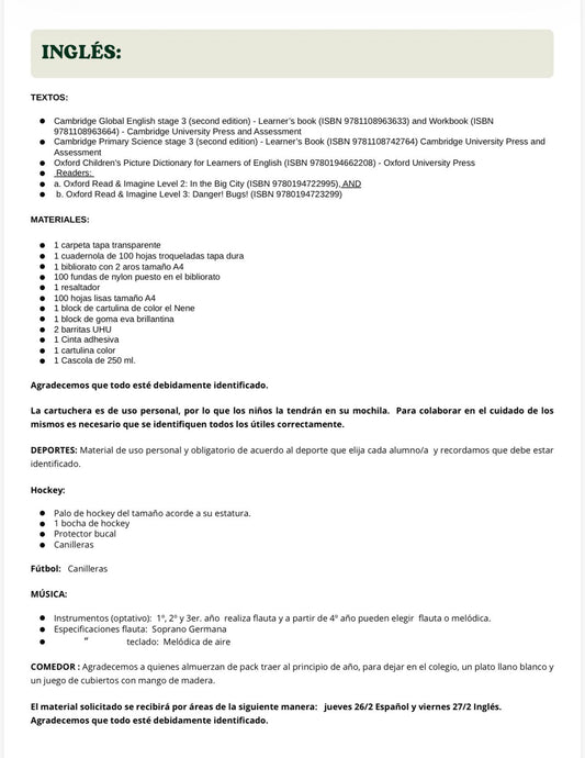 Lista de Materiales Completa para el Colegio St. Joseph Mary Form 3 año 2026