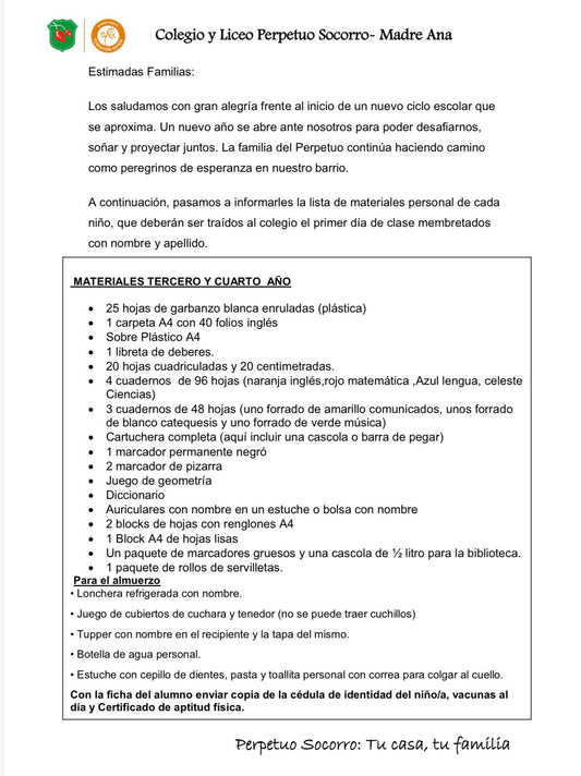 Lista de Materiales Completa para el Colegio Perpetuo Socorro 3º y 4º año 2026
