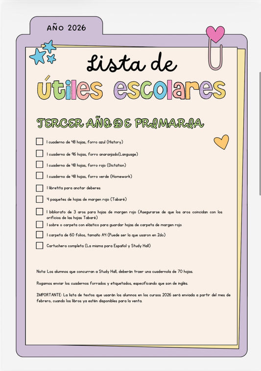 Lista de Materiales Completa para el Colegio Richard Anderson, 3º Año Inglés y Study Hall