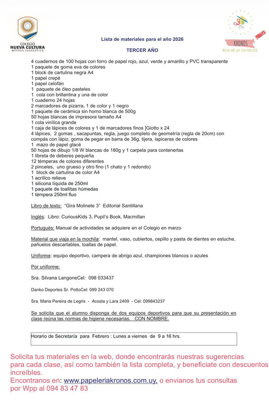 Lista Completa Nueva Cultura 3ª año 2026