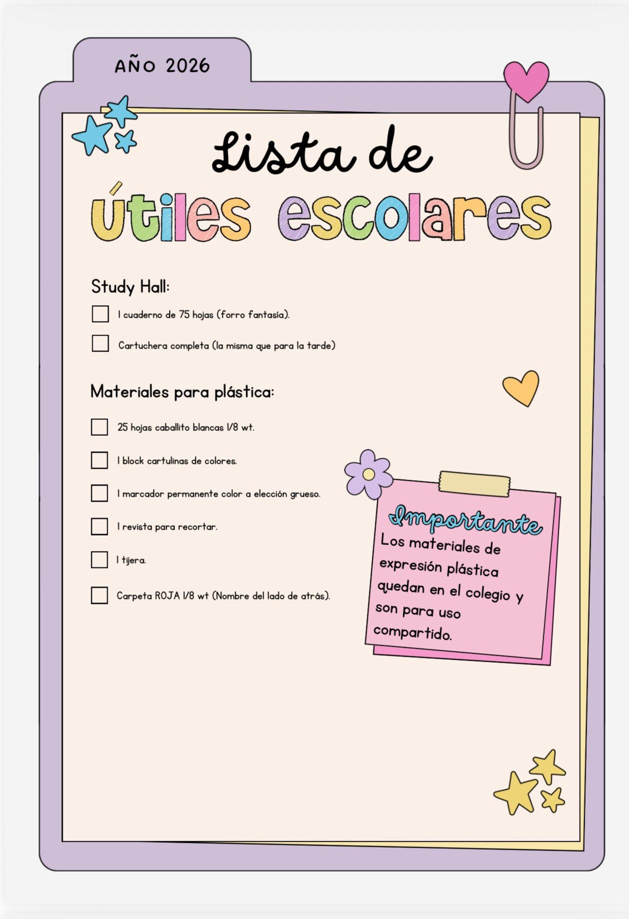 Lista de Materiales Completa para el Colegio Richard Anderson, 3º Año Español, plàstica y Study Hall