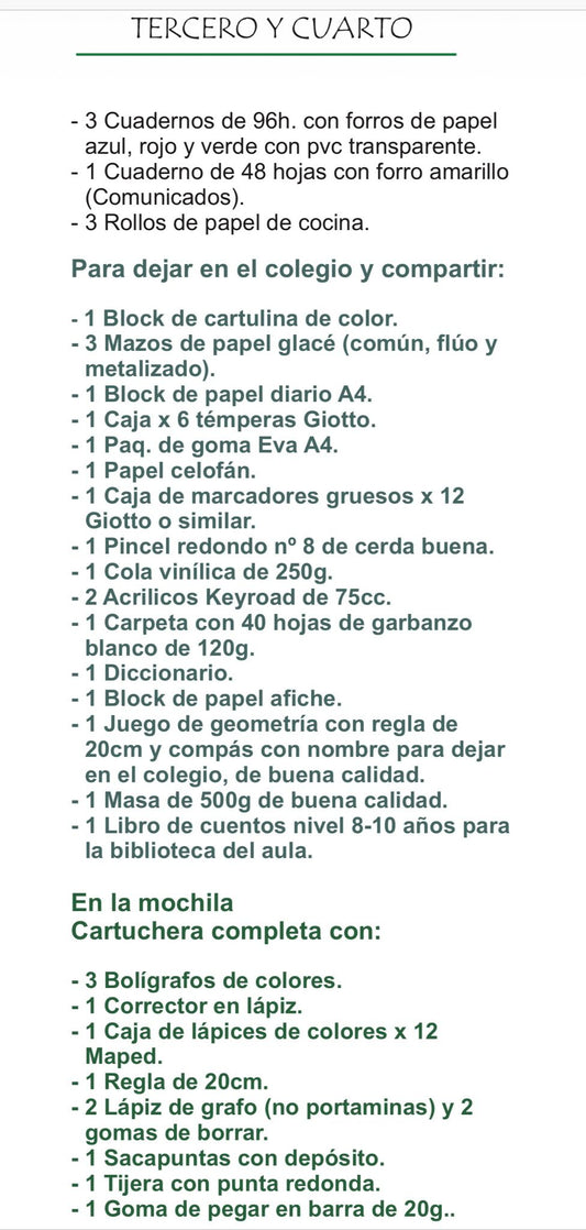 Lista de Materiales Completa para el Colegio Giratierra, 3º y 4º Año