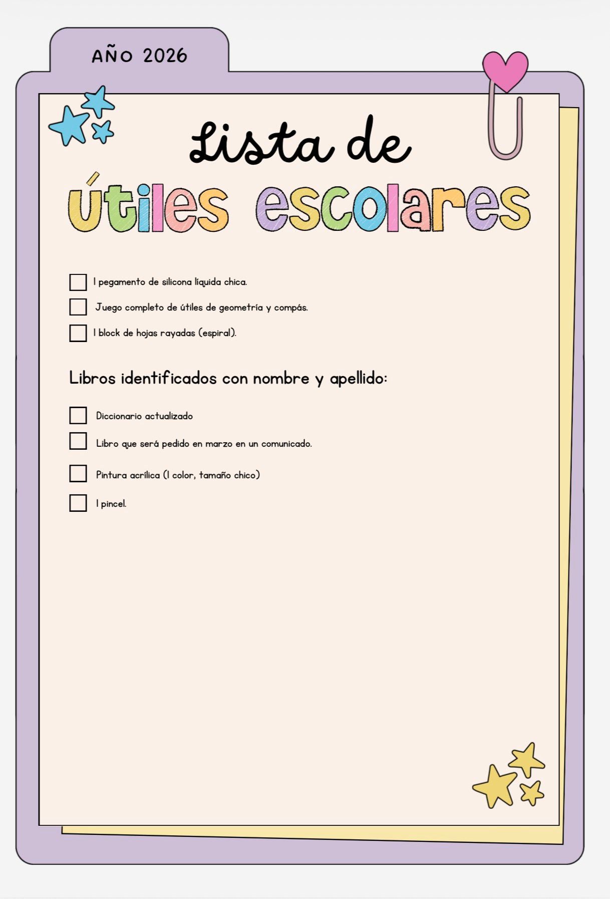 Lista de Materiales Completa para el Colegio Richard Anderson, 4º Año Español 2026