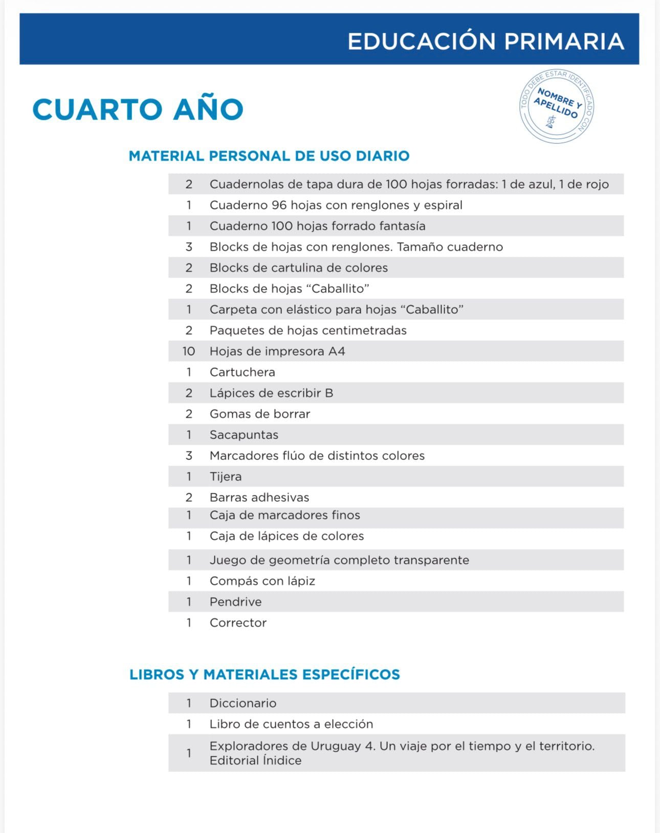 Lista Completa Colegio La Mennais 4ºaño 2026