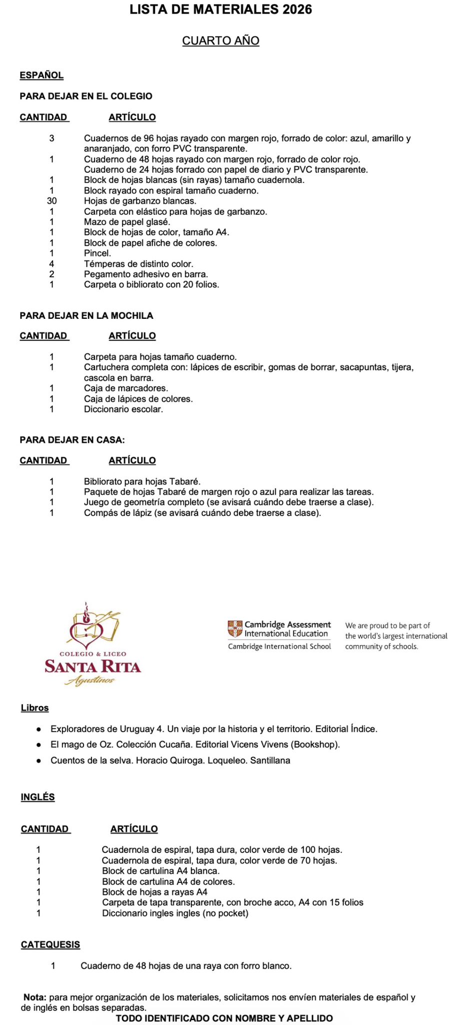 Lista de Materiales Completa para el Colegio Santa Rita, 4º Año Primaria.