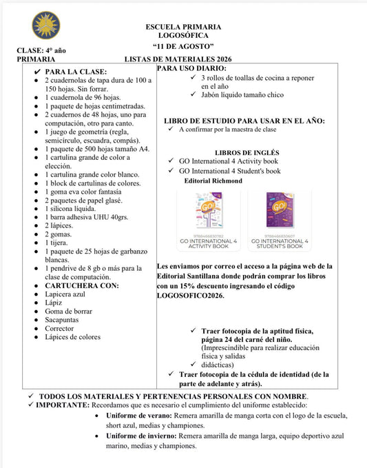 Lista Completa Escuela Logosófica 4º año 2026