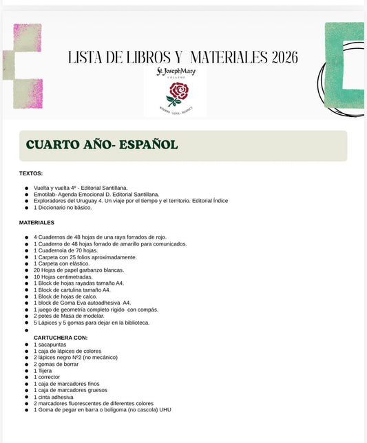 Lista de Materiales Completa para el Colegio St. Joseph Mary 4º año 2026