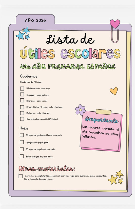 Lista de Materiales Completa para el Colegio Richard Anderson, 4º Año Español 2026