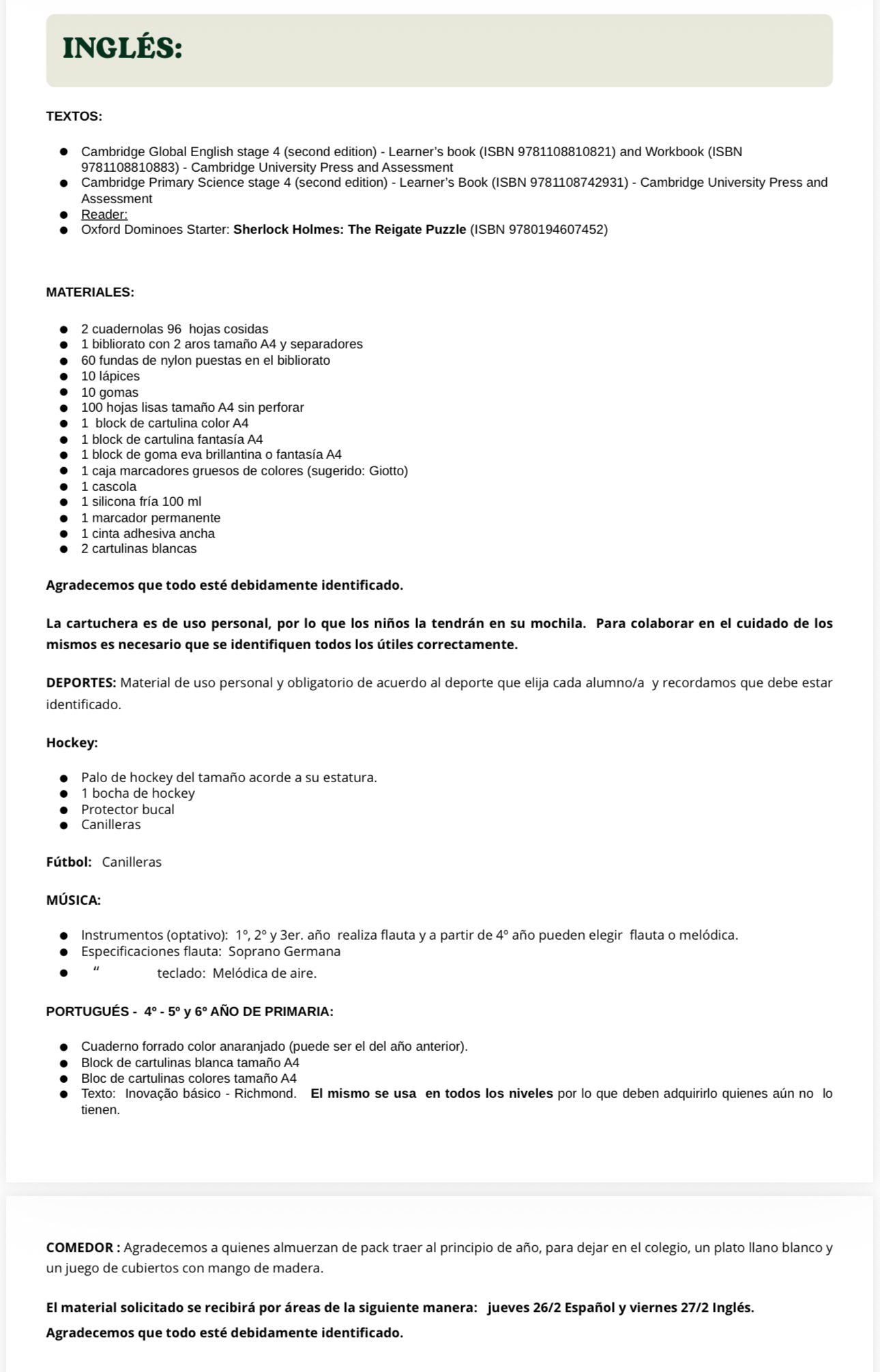 Lista de Materiales Completa para el Colegio St. Joseph Mary Form 4 y Portugués año 2026