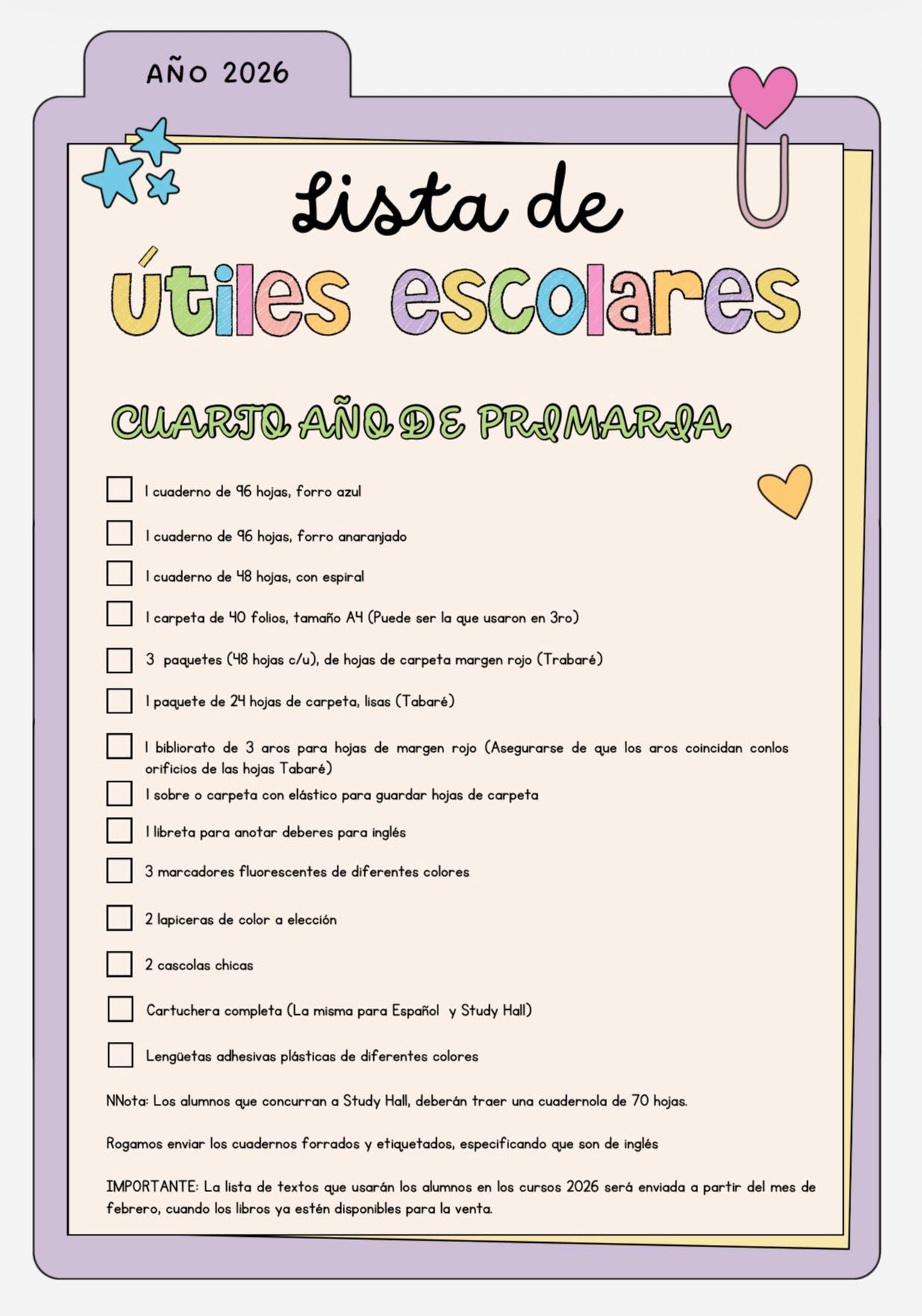 Lista de Materiales Completa para el Colegio Richard Anderson, 4º Año Inglés y Study Hall 2026