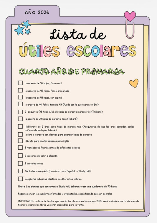Lista de Materiales Completa para el Colegio Richard Anderson, 4º Año Inglés y Study Hall 2026