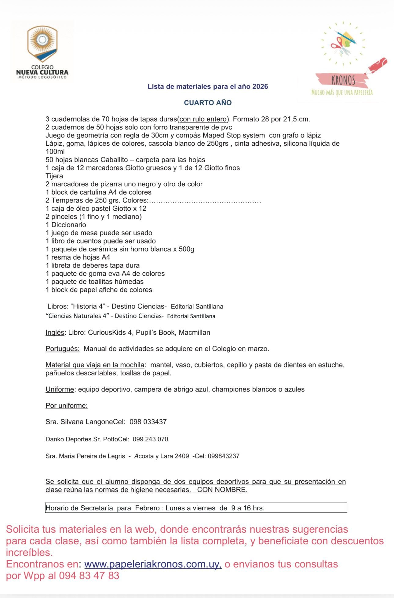 Lista Completa Nueva Cultura 4ª año 2026