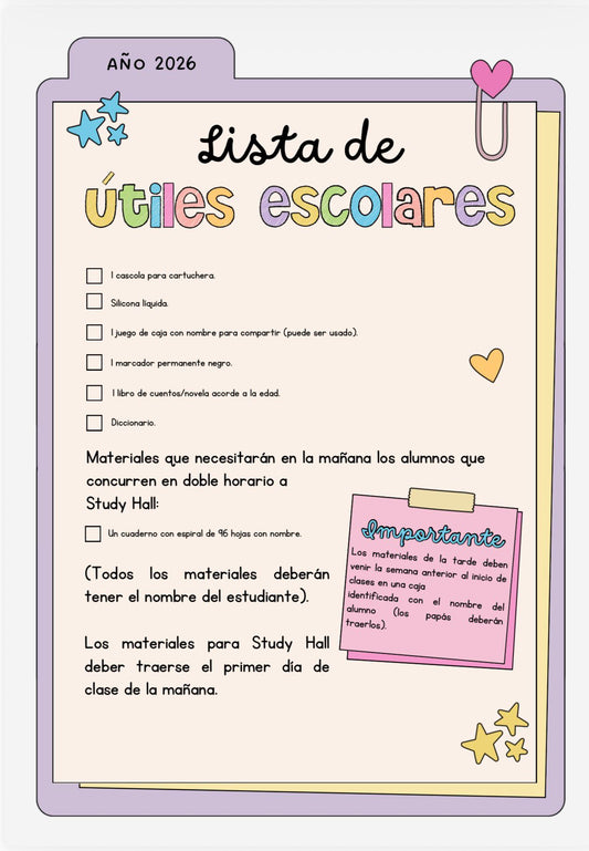 Lista de Materiales Completa para el Colegio Richard Anderson, 5º Año Español y Study Hall 2026