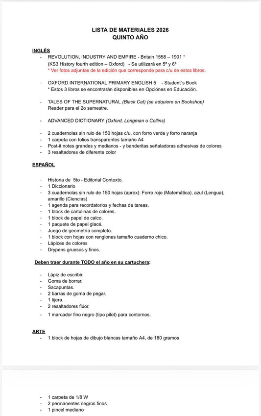 Lista Completa Colegio Ivy Thomas Horneros 5º año 2026