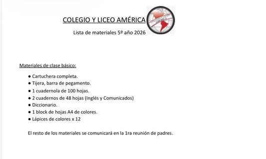 Lista Completa Colegio América 5º año 2026