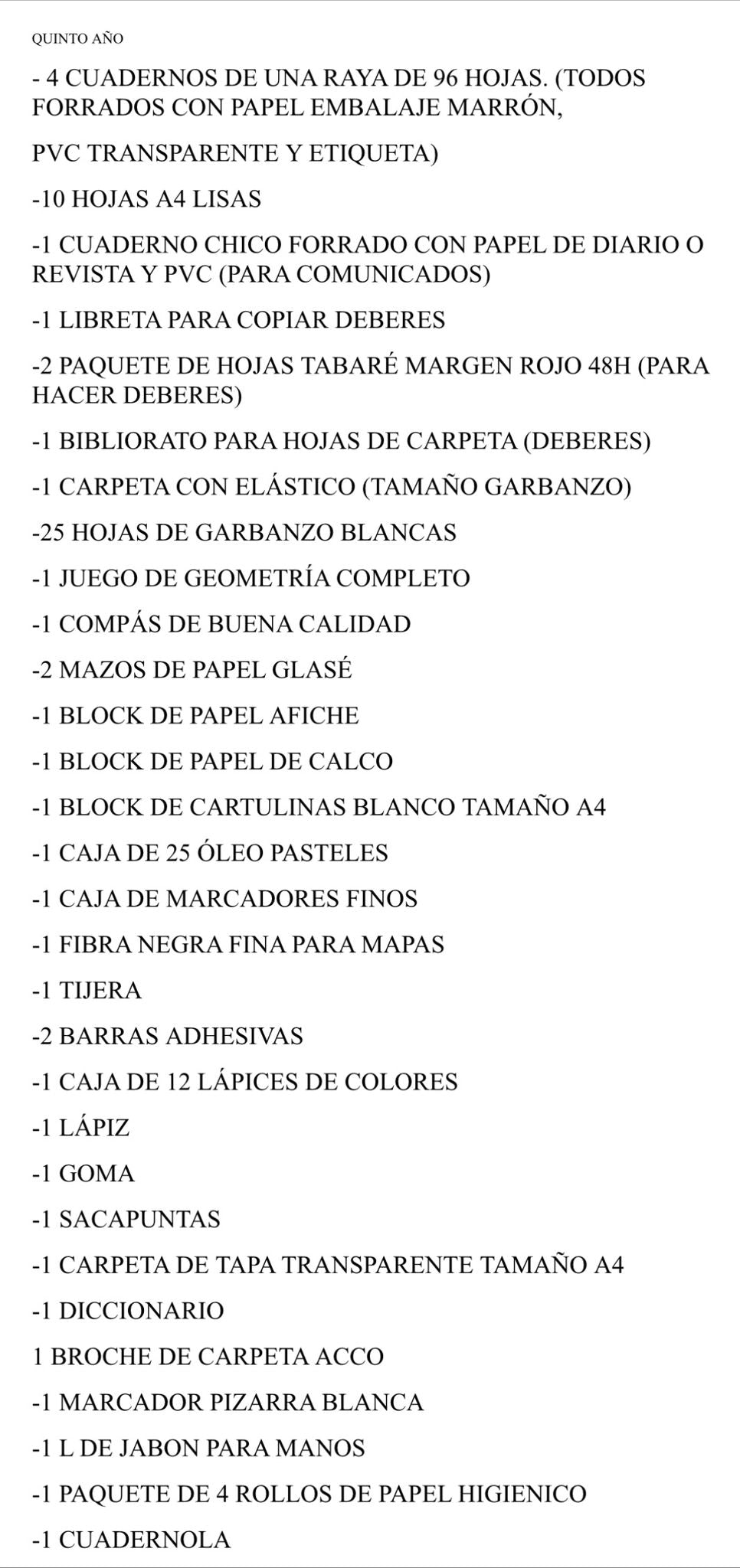 Lista Completa Colegio Tacconi 5º año 2026