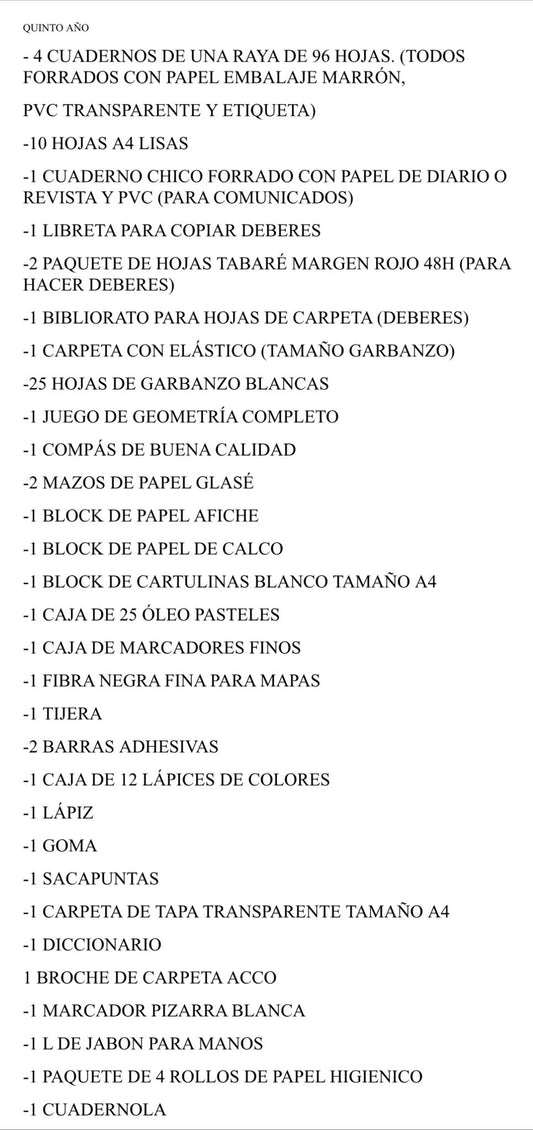 Lista Completa Colegio Tacconi 5º año 2026
