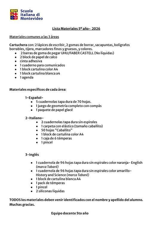Lista de Materiales Completa para Scuola Italiana 5º año 2026