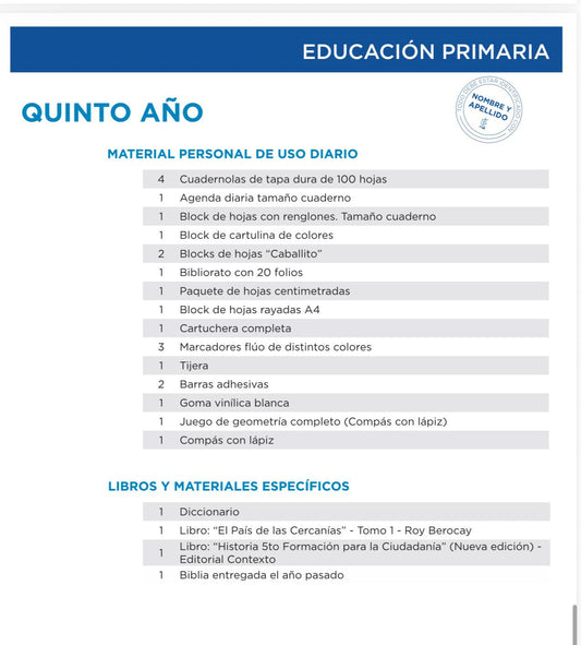Lista Completa Colegio La Mennais 5º año 2026