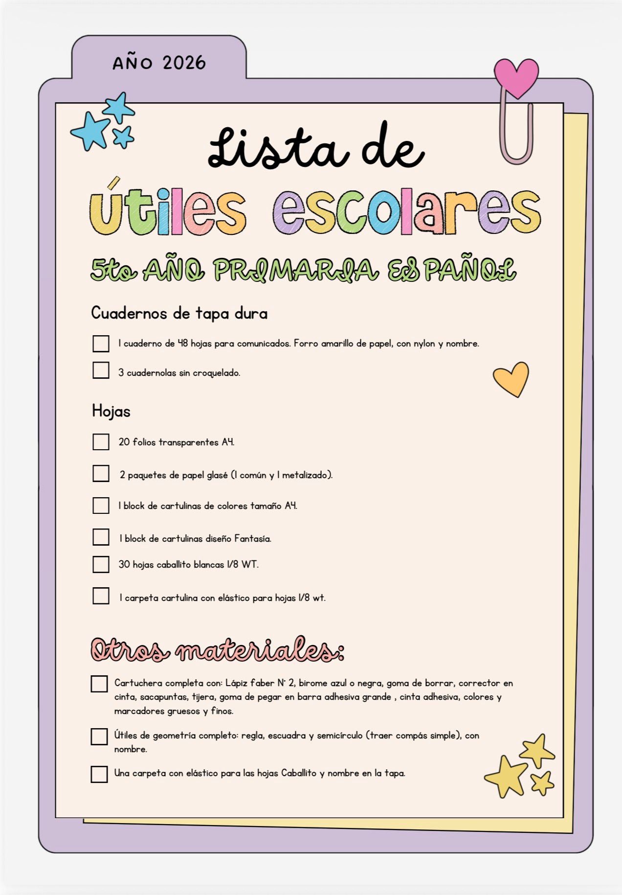 Lista de Materiales Completa para el Colegio Richard Anderson, 5º Año Español y Study Hall 2026