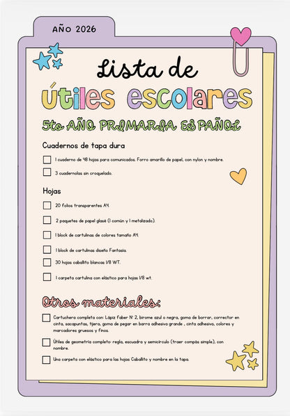 Lista de Materiales Completa para el Colegio Richard Anderson, 5º Año Español y Study Hall 2026