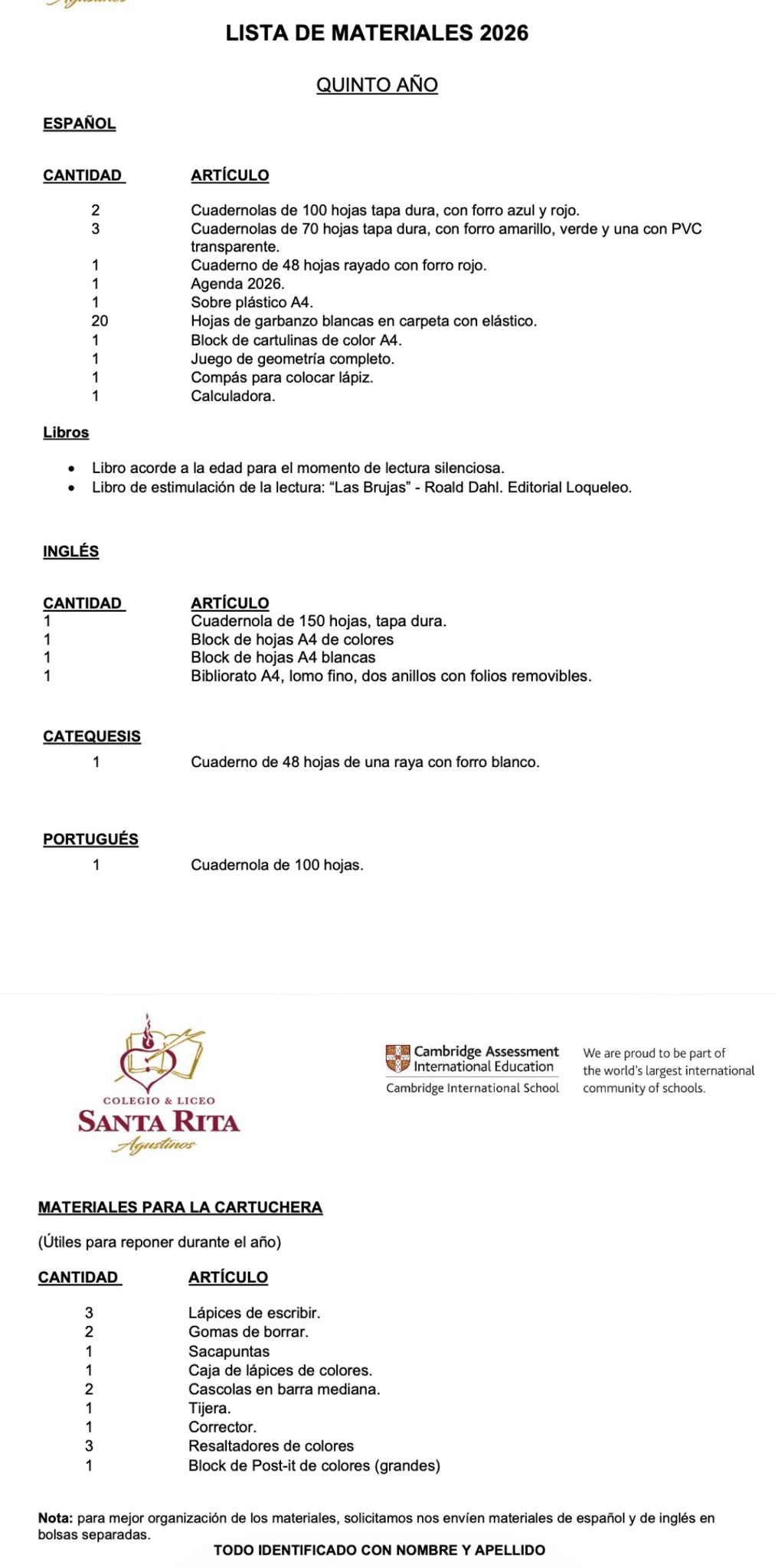 Lista de Materiales Completa para el Colegio Santa Rita, 5º Año Primaria.