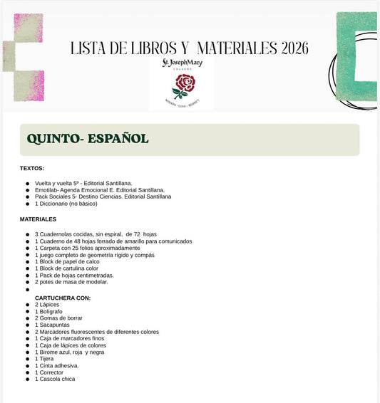 Lista de Materiales Completa para el Colegio St. Joseph Mary 5º año 2026