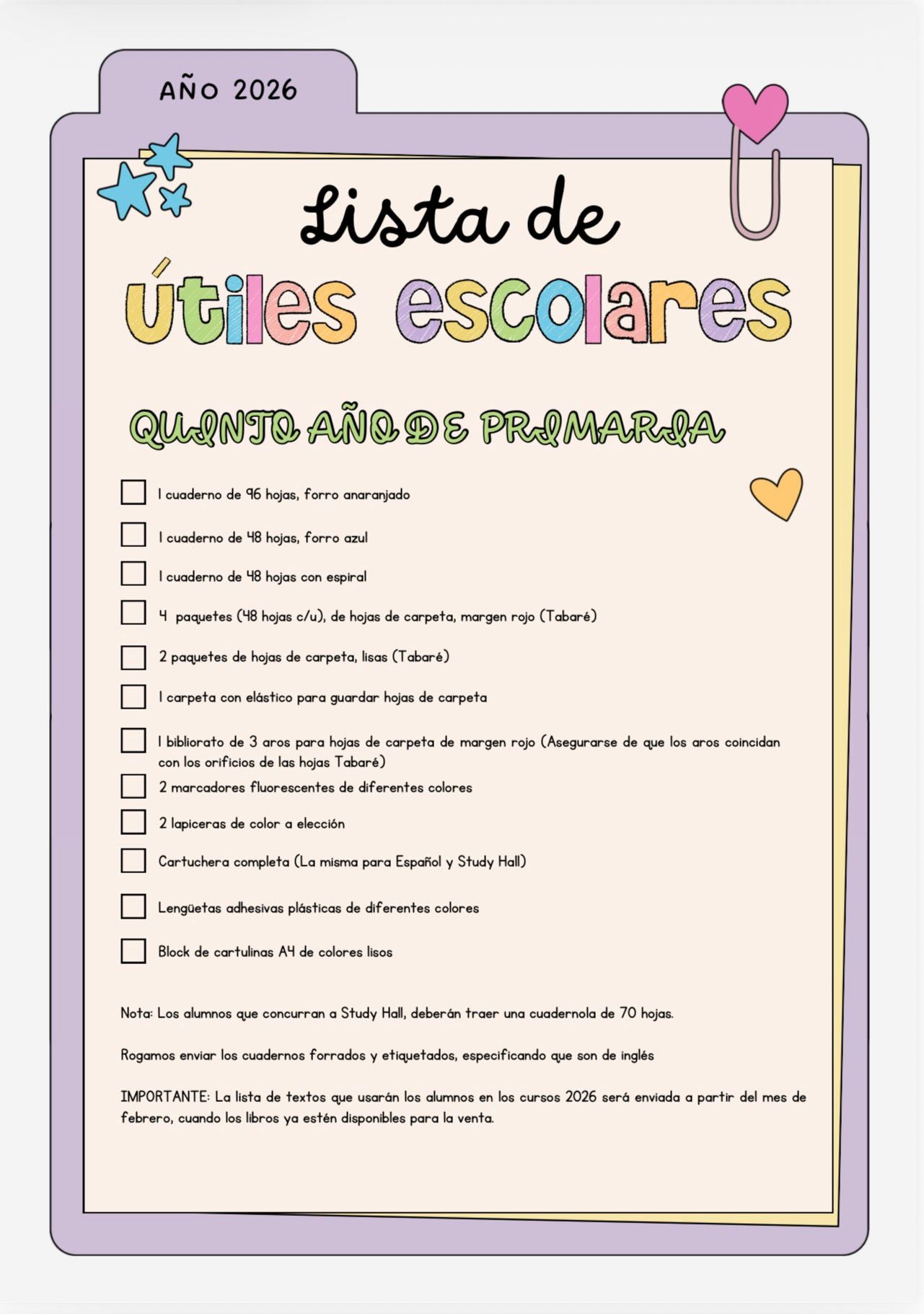 Lista de Materiales Completa para el Colegio Richard Anderson, 5º Año Inglés y Study Hall