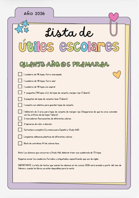 Lista de Materiales Completa para el Colegio Richard Anderson, 5º Año Inglés y Study Hall