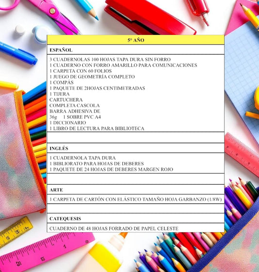 Lista de Materiales Completa para el Colegio Nuestra Señora de Fátima 5º año 2026 (Español, Inglés, Arte y Formación en la Fe)