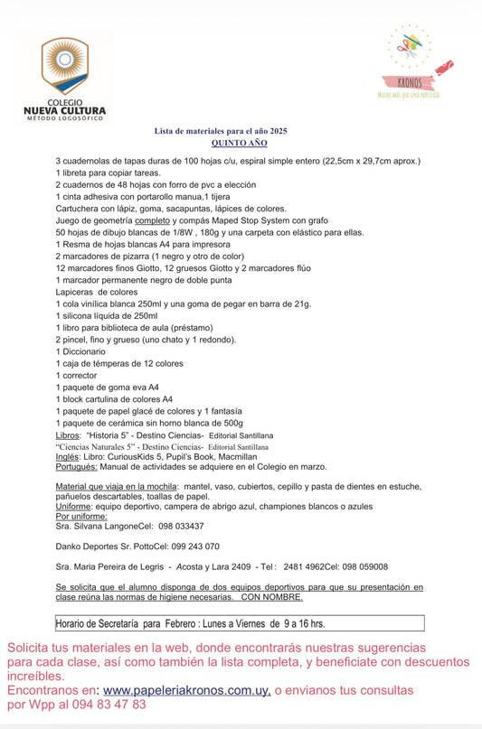 Lista Completa Nueva Cultura 5º Año 2026