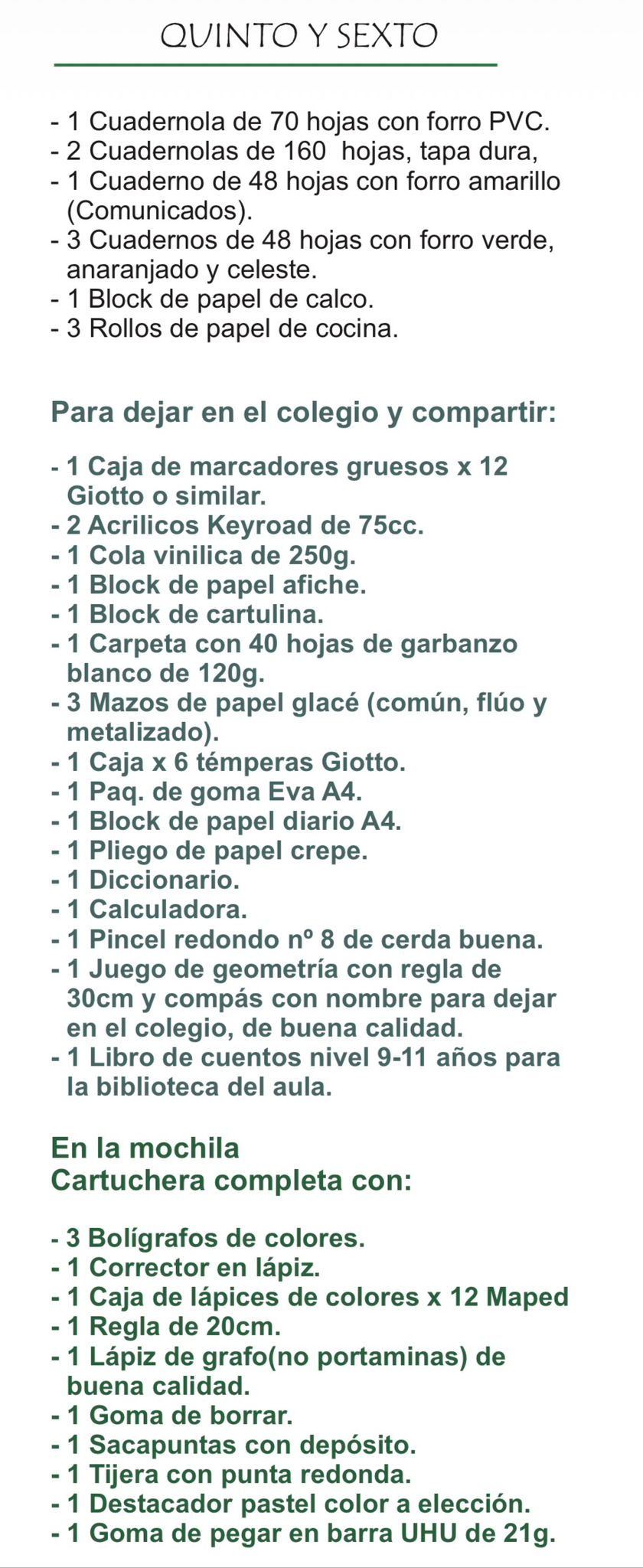 Lista de Materiales Completa para el Colegio Giratierra, 5º y 6º Año Curricular.