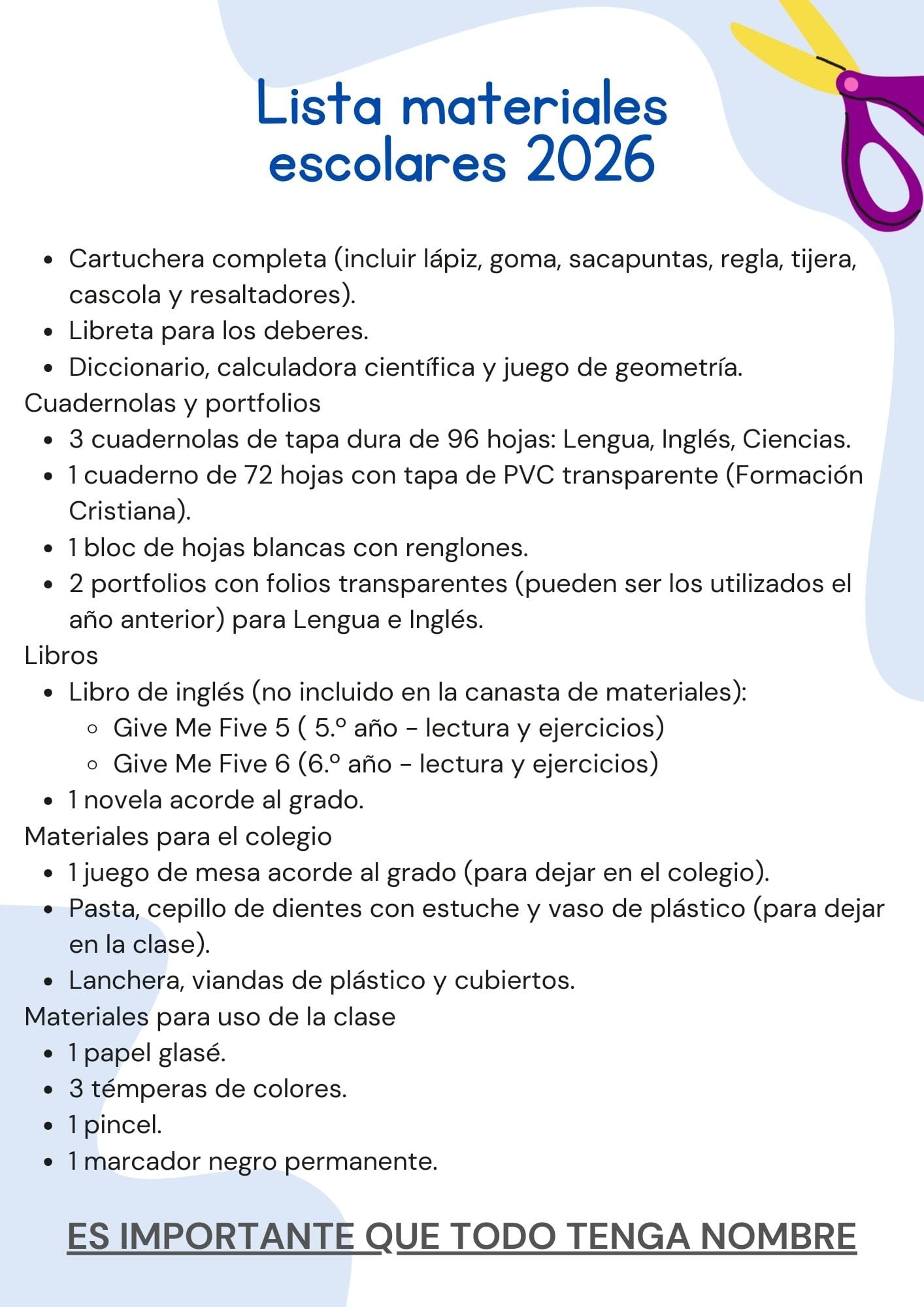 Lista Completa Colegio Santa Luisa 6º año 2026