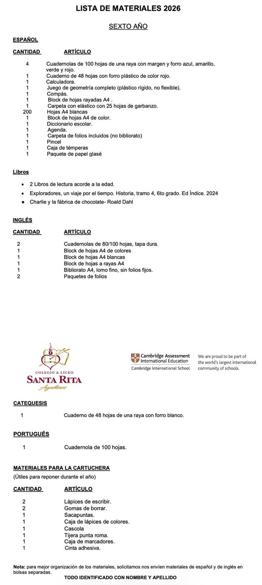 Lista de Materiales Completa para el Colegio Santa Rita, 6º Año Primaria.