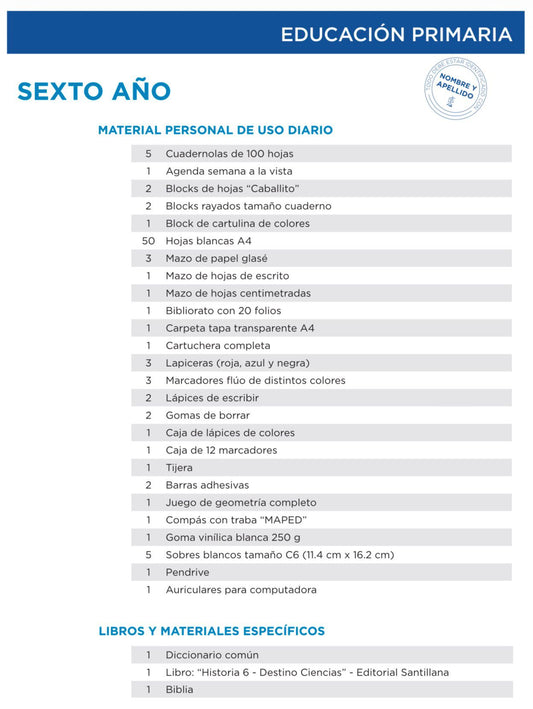 Lista Completa Colegio La Mennais 6º año 2026