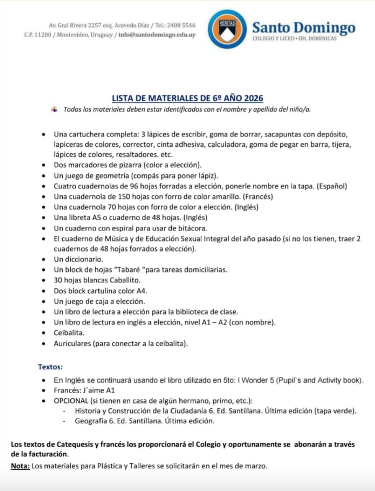 Lista Completa Colegio Santo Domingo 6º año 2026