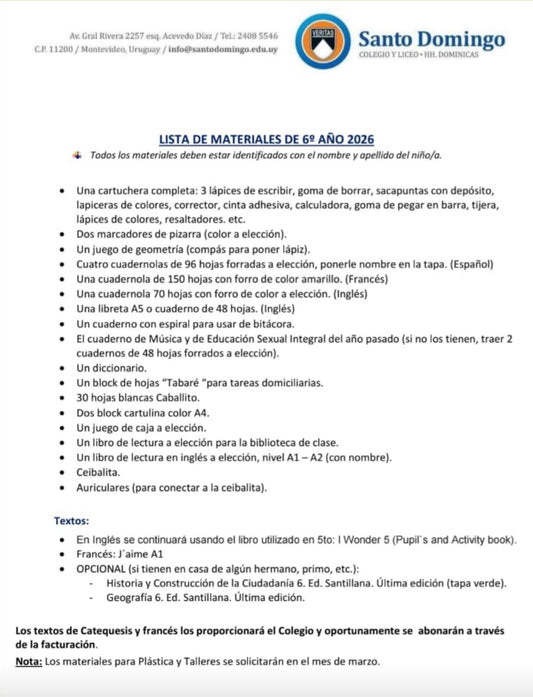 Lista Completa Colegio Santo Domingo 6º año 2026
