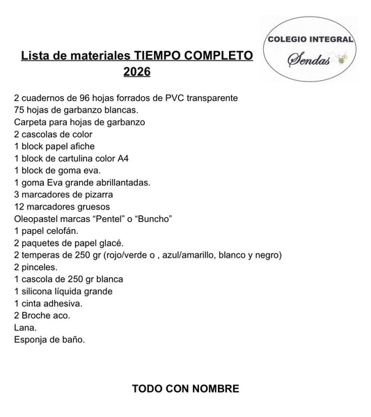 Lista Completa Colegio Sendas 6º año Tiempo Completo 2026
