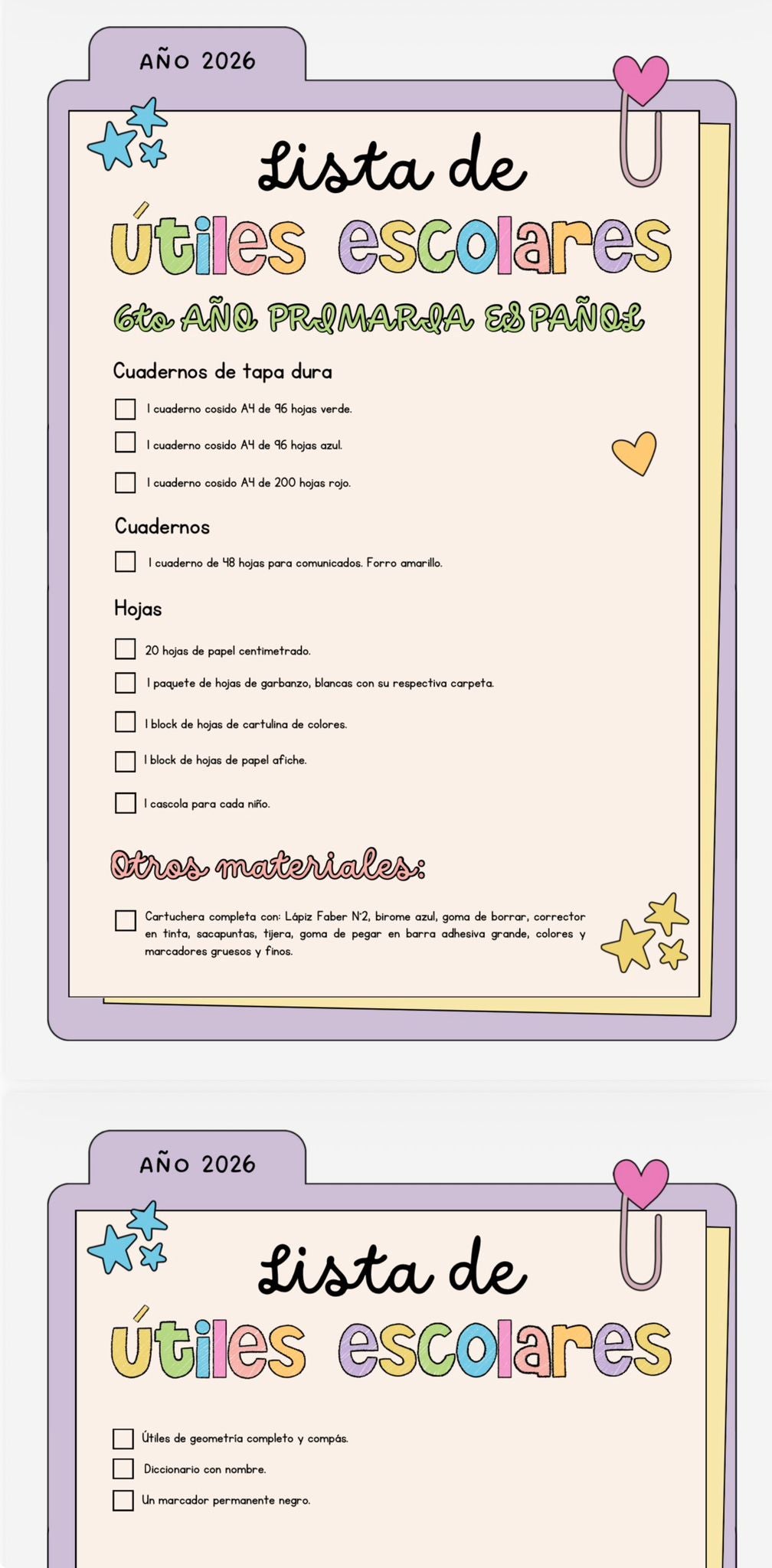 Lista de Materiales Completa para el Colegio Richard Anderson, 6º Año Español 2026